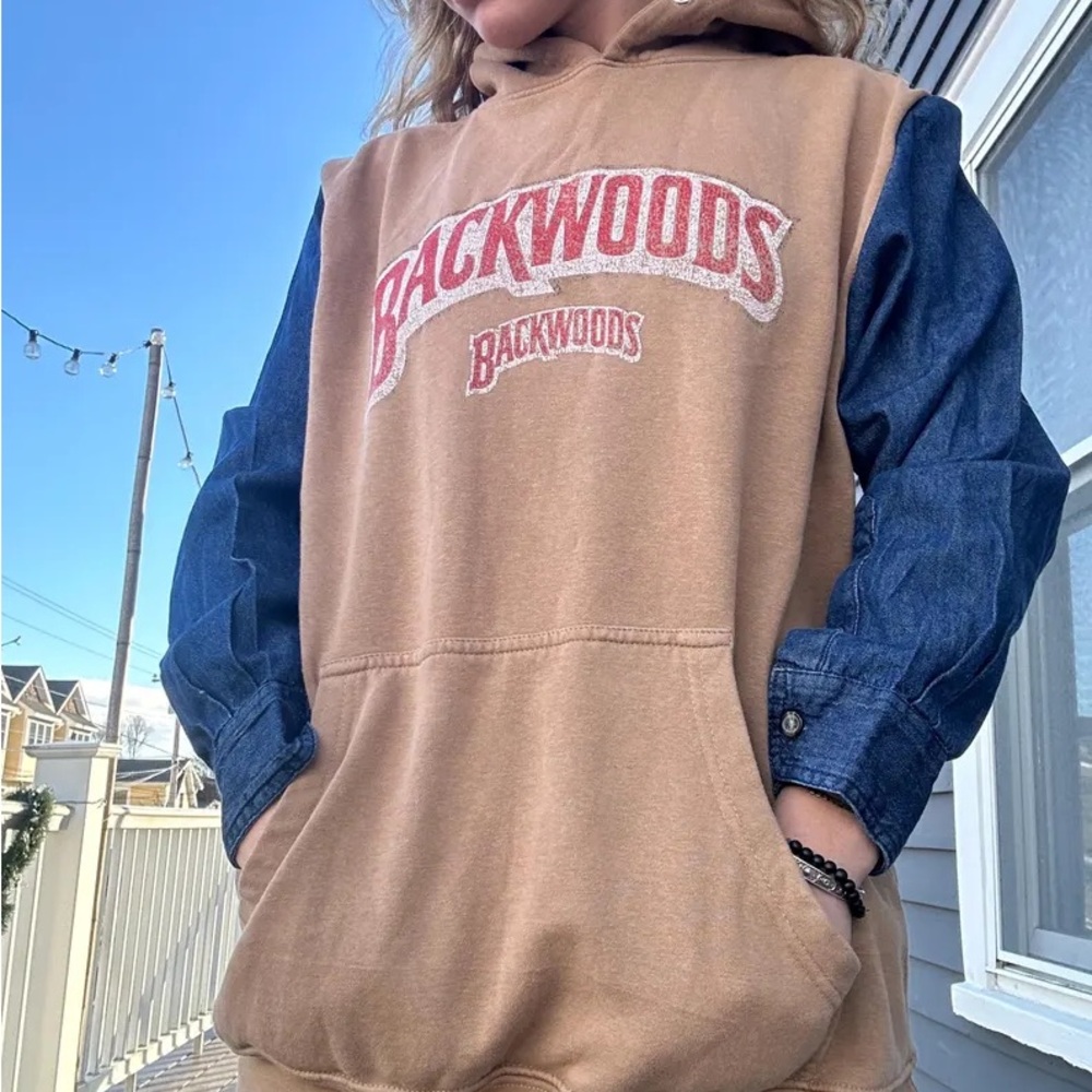 Backwoods Upcycled Tan and Blue Hoodie